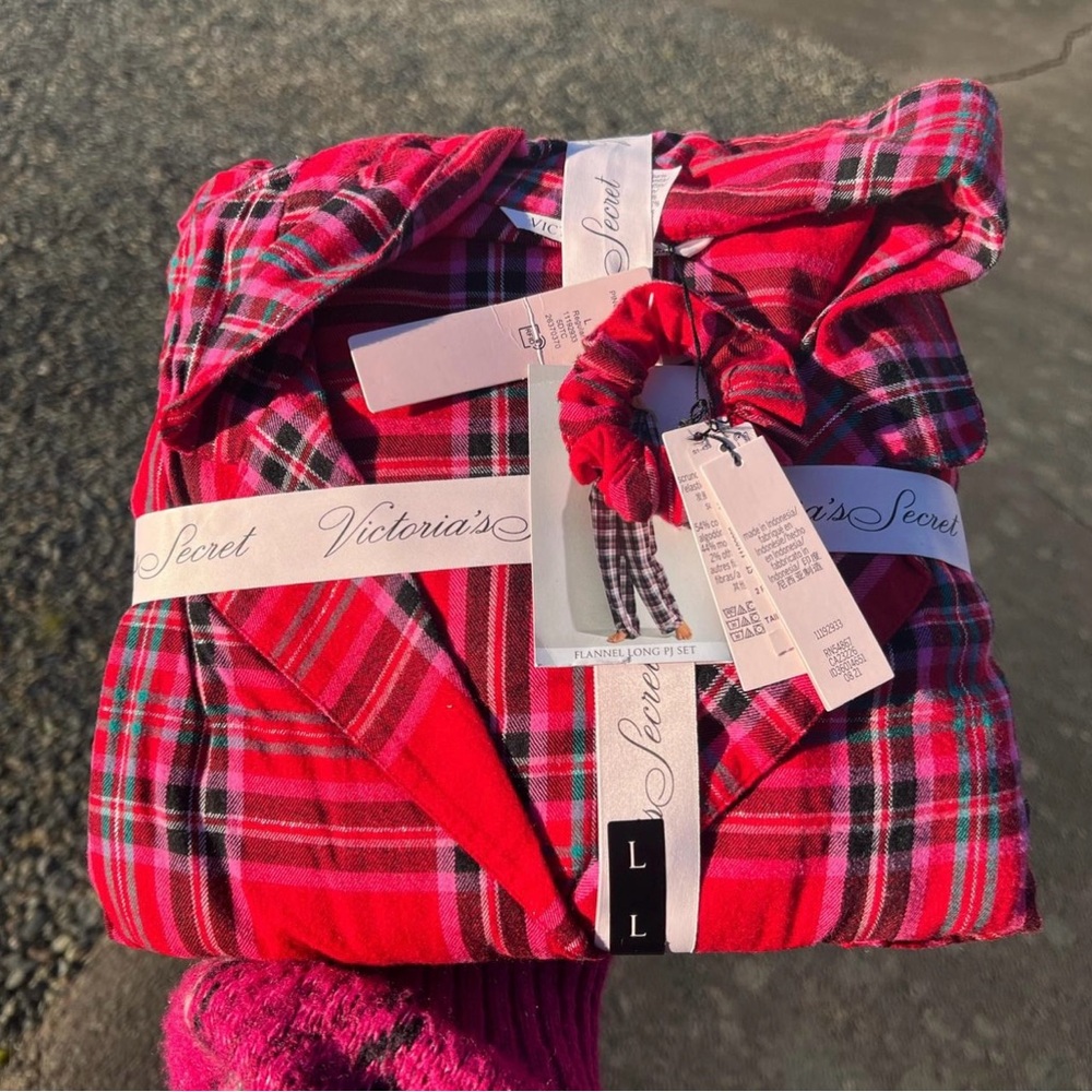 Victoria's Secret Red and Black Plaid Flannel Pajama Set with Matching Scrunchie